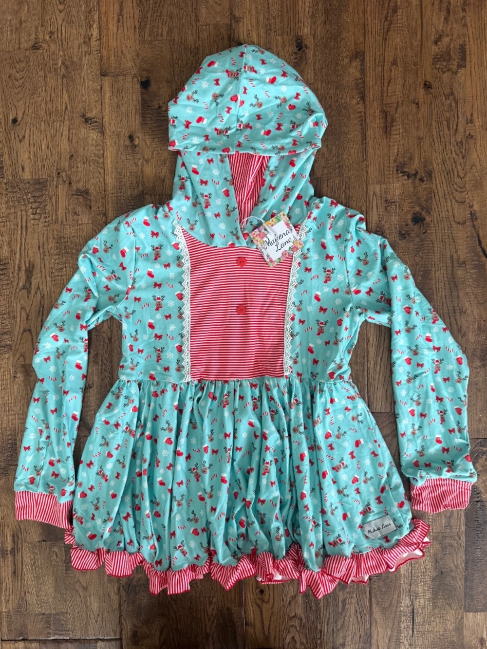 NWT Makena Lane Reindeer Christmas Hooded Top Twirl Girls Size 14